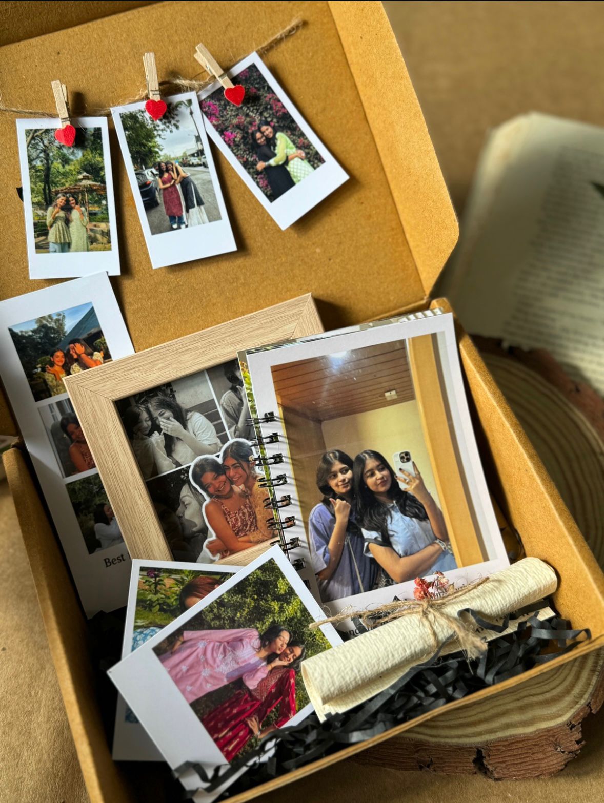 Personalized photo gift box with polaroids, photo book and frame