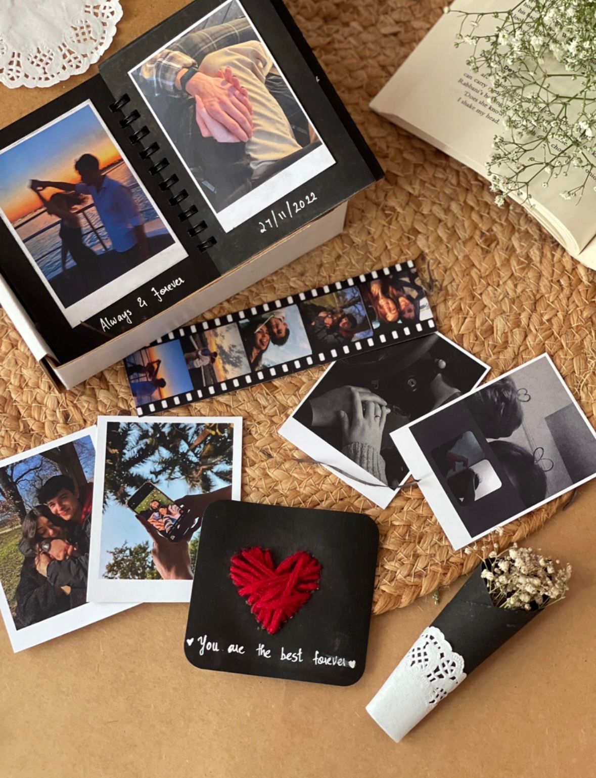 Black combo polaroid photo gift set with album, photo strips and heart card