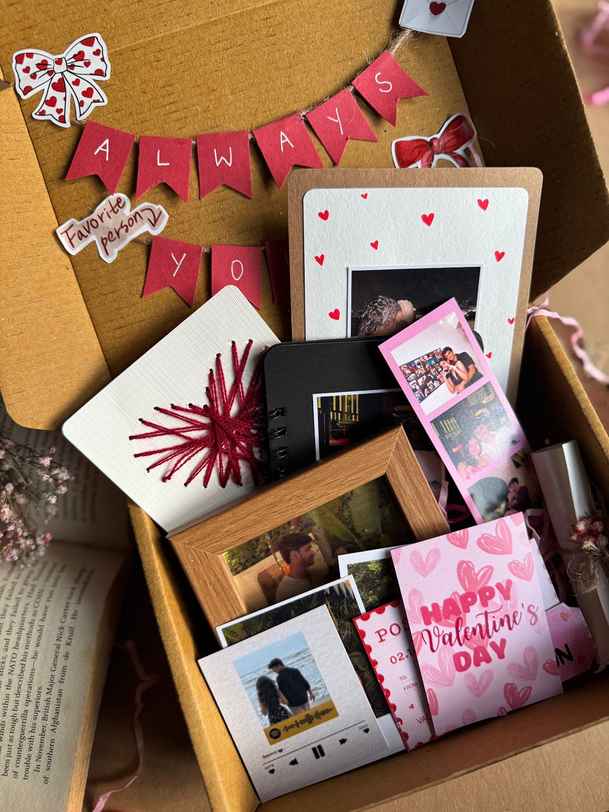 All in One Combo gift hamper with photo book, frame, cards, polaroids, and keepsakes.