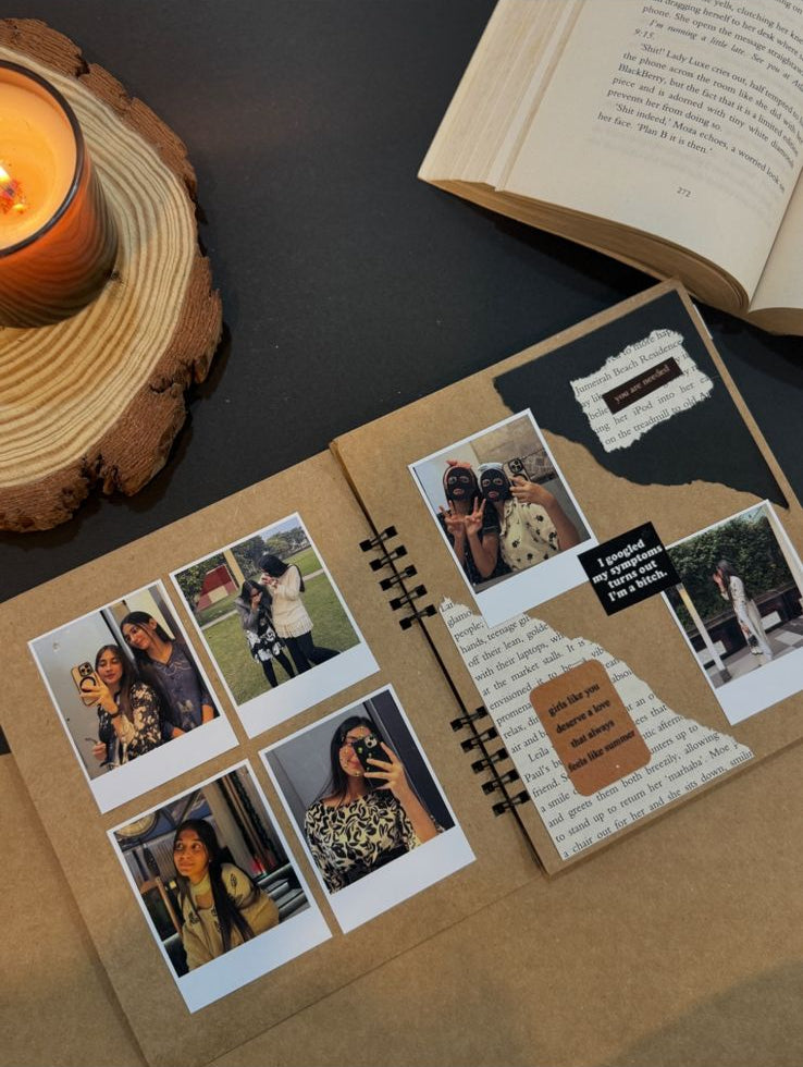 Handcrafted brown theme scrapbook with decorative elements and personalized photo pages