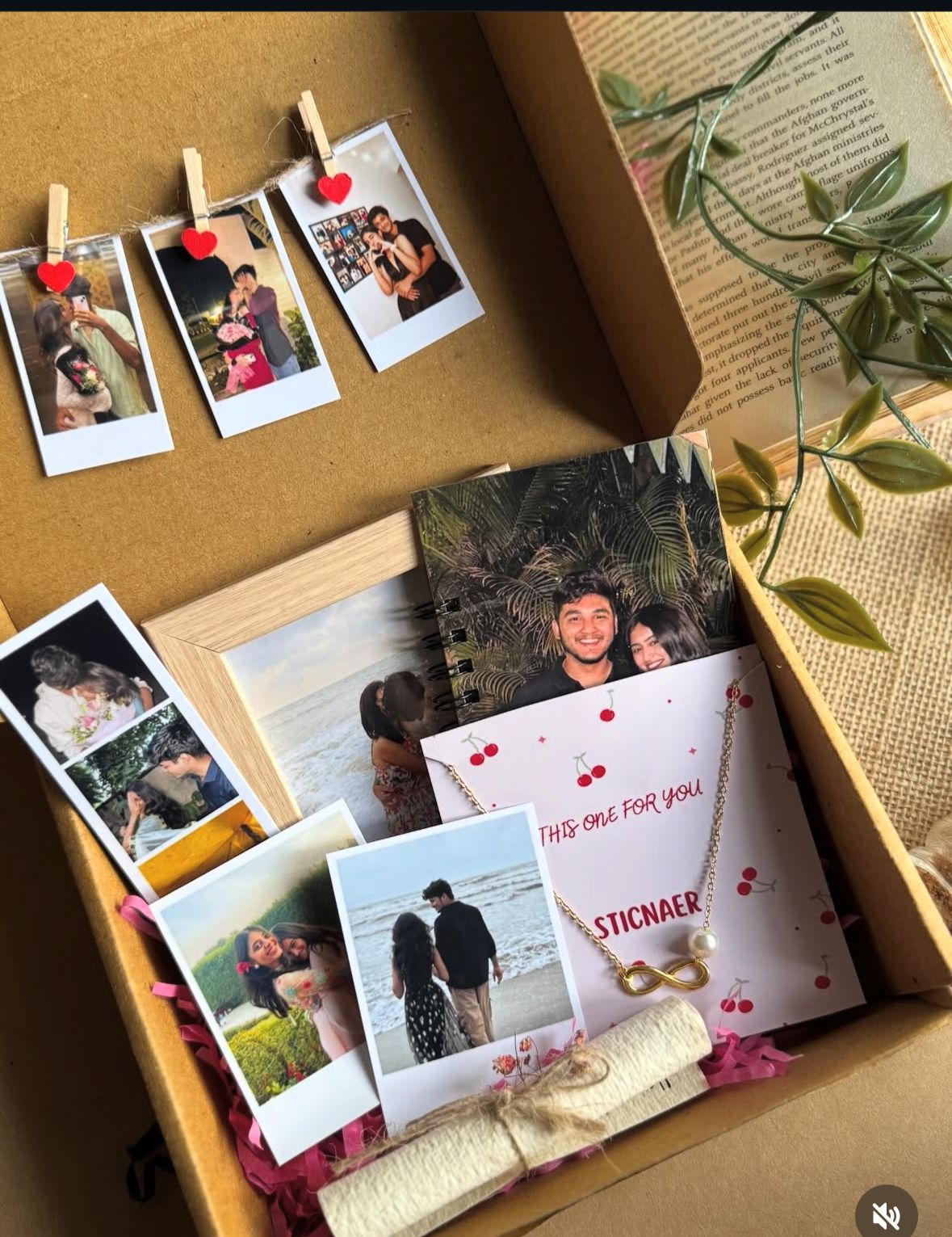 Handmade Chain Combo gift set with hanging polaroids, frame, photo book, and decorative keepsakes.