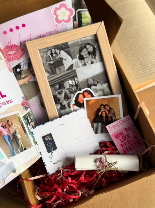 Handcrafted Magazine Frame Combo gift box with magazine, photo frame, polaroids, letters, postcards, and stickers